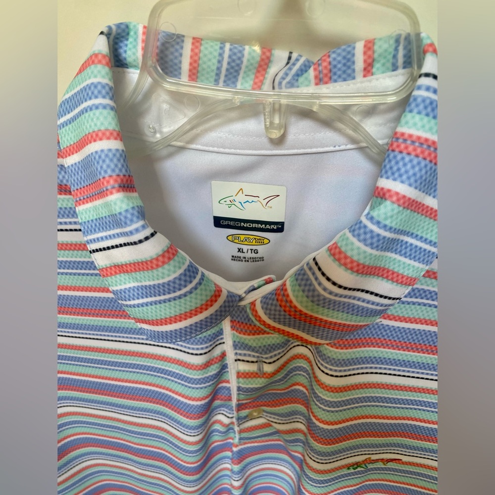 Men's XL striped Greg Norman golf shirt. PlayDry material.